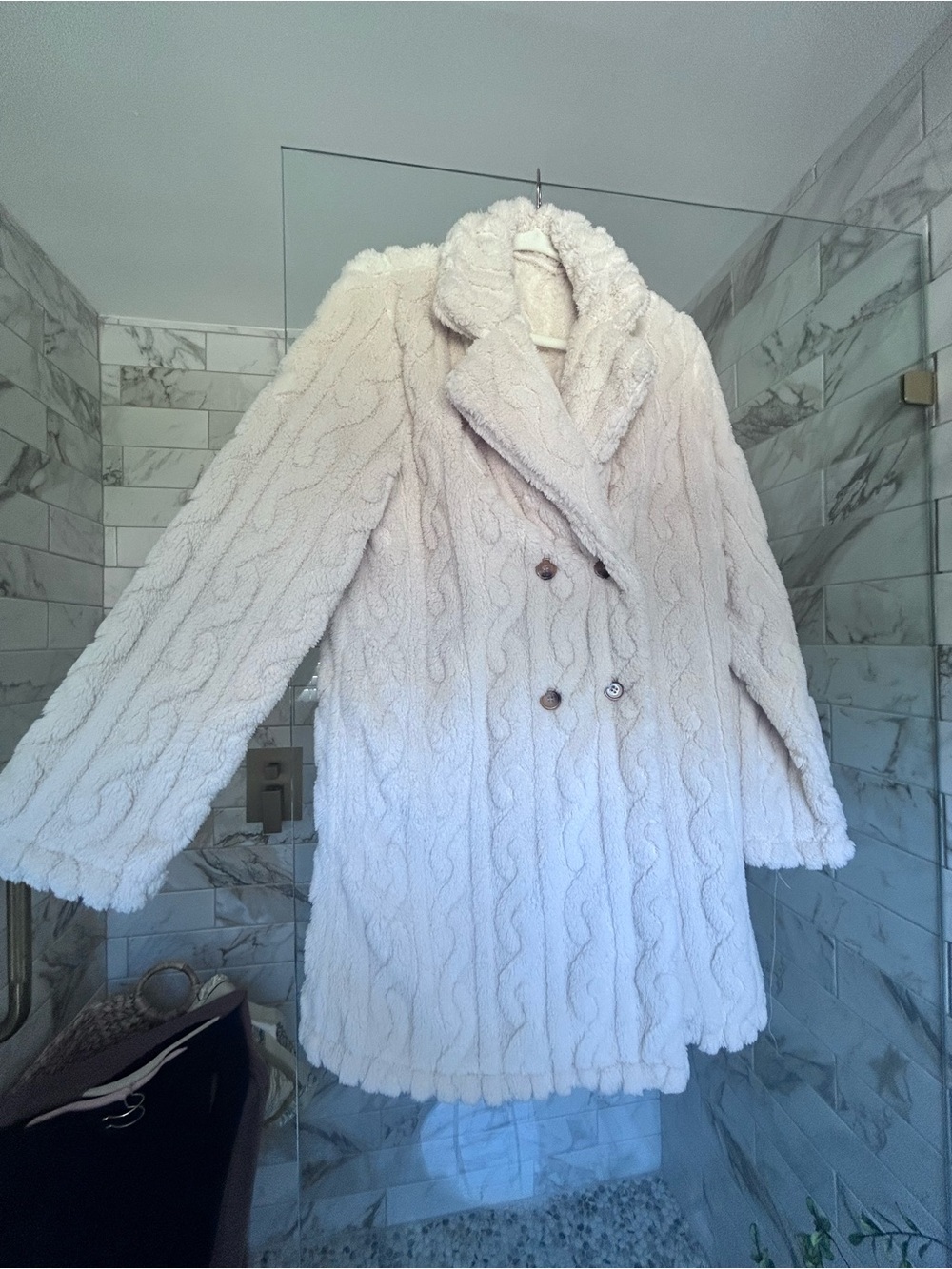 Cream Cable-Textured Plush Teddy Coat Double-Breasted